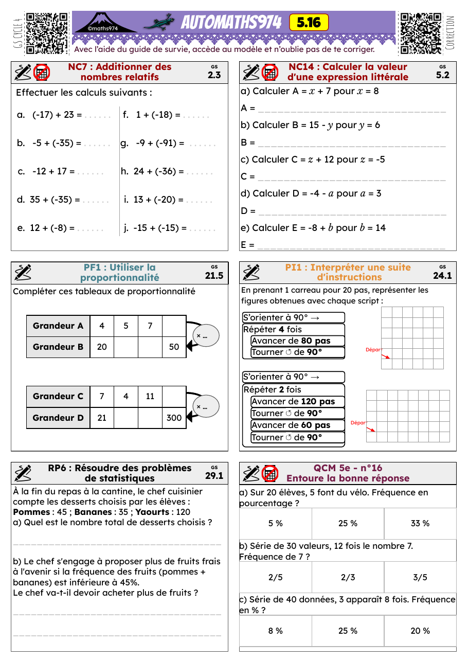 Fiche 5.16 – exercices de maths 5ème corrigés, semaine 16 : Additionner des nombres relatifs
