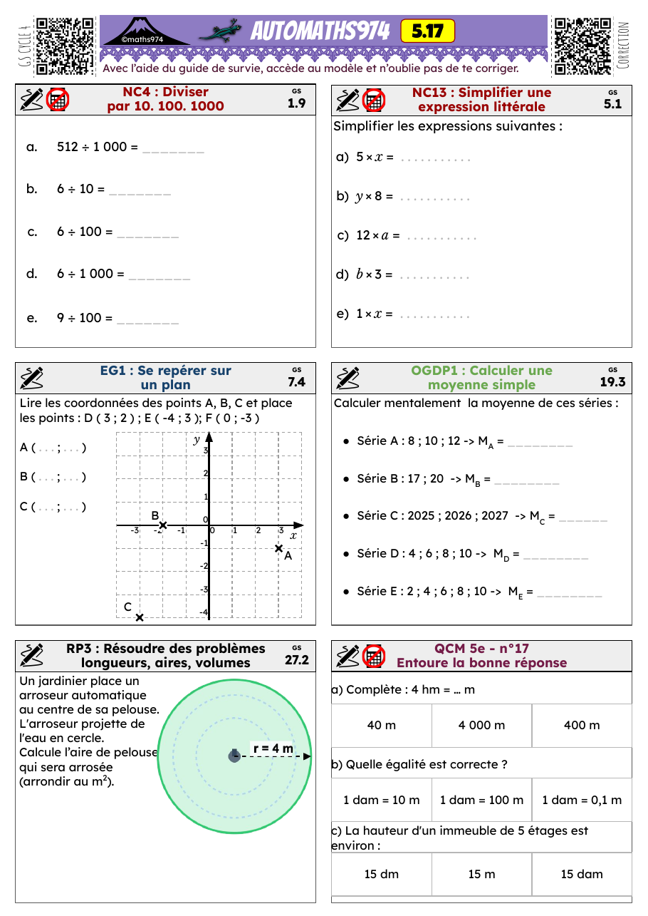 Fiche 5.17 – exercices de maths 5ème corrigés, semaine 17 : Diviser par 10. 100. 1000, Simplifier une expression littérale