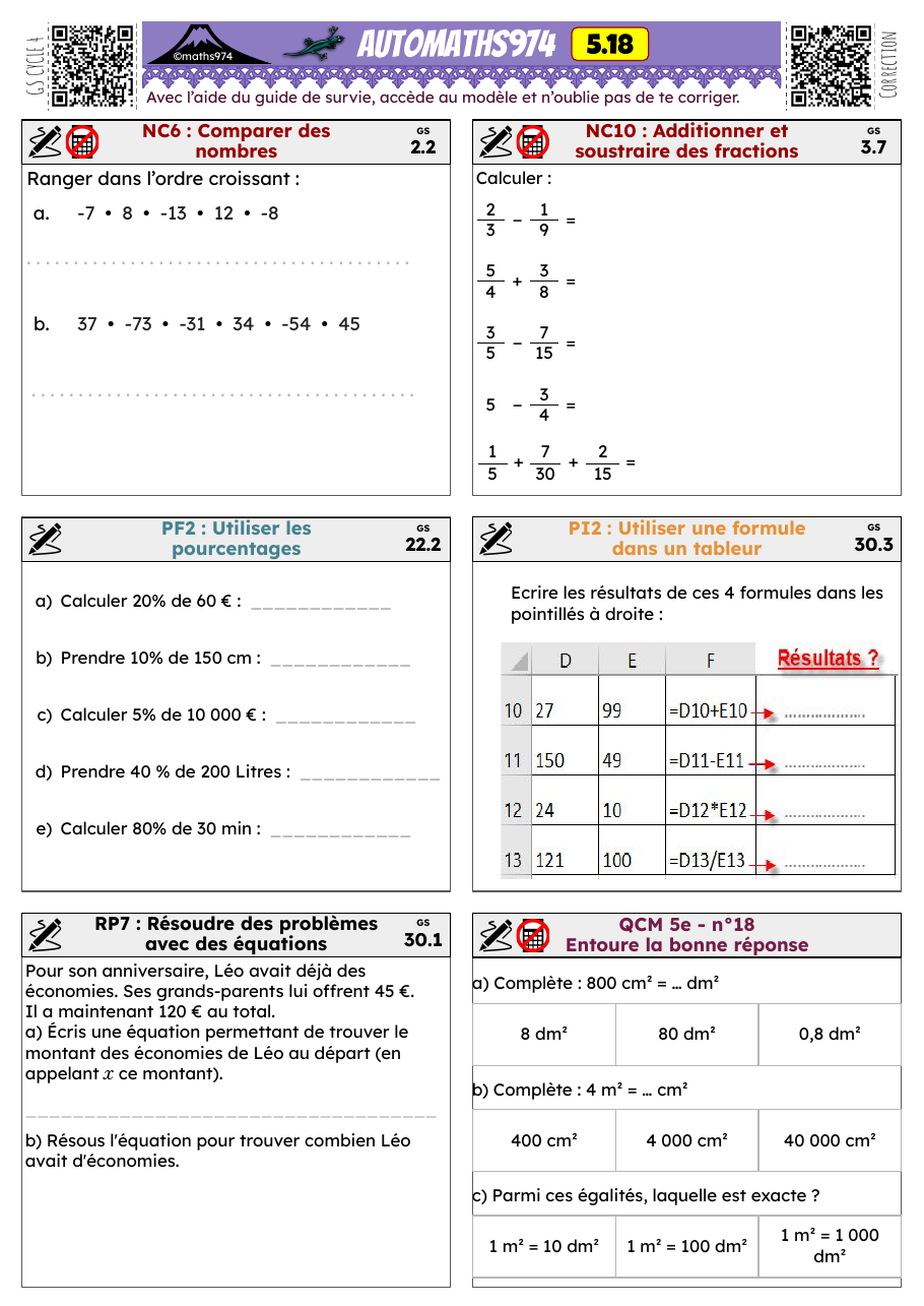 Fiche 5.18 – exercices de maths 5ème corrigés, semaine 18 : Additionner et soustraire des fractions, Comparer des nombres