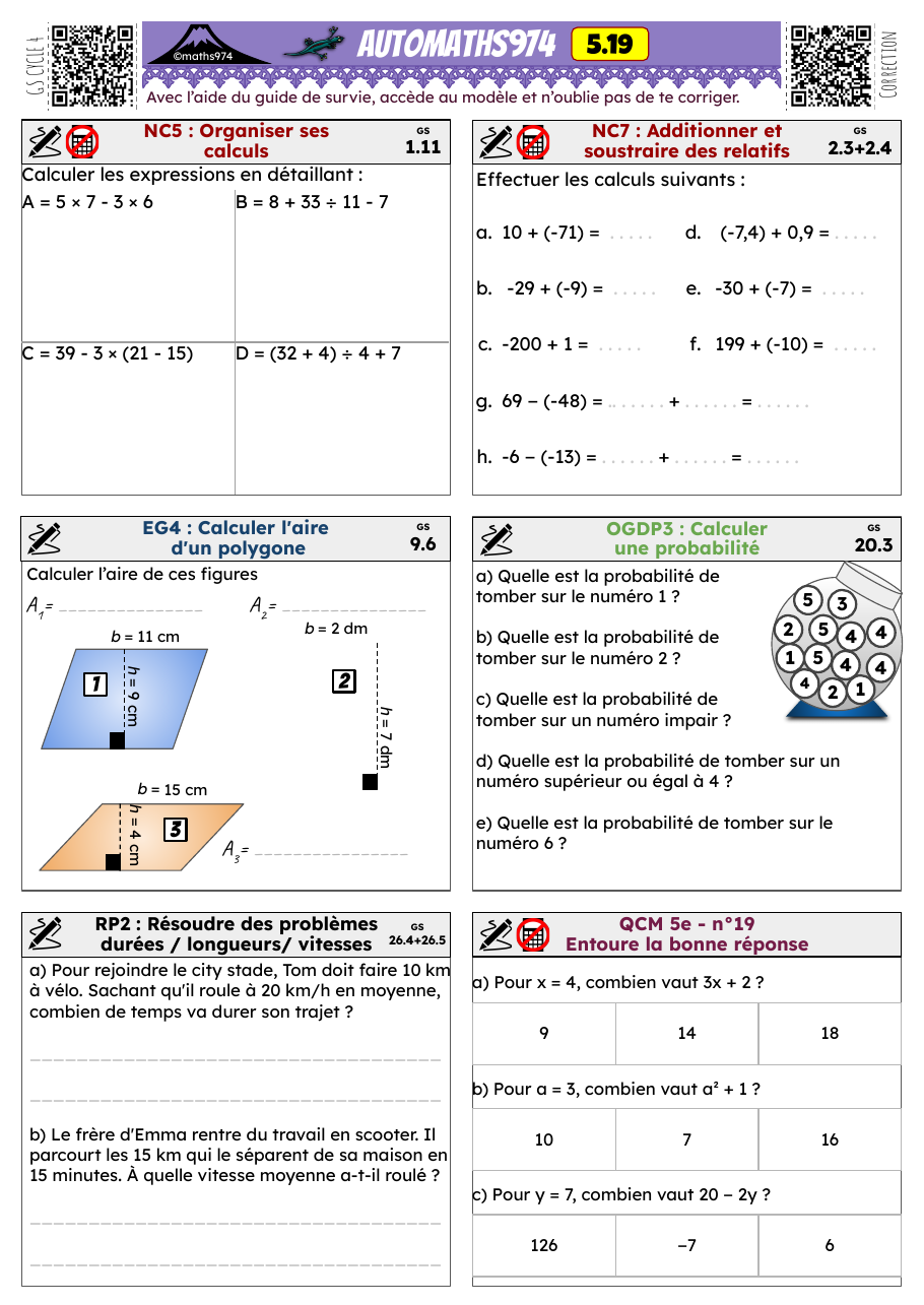 Fiche 5.19 – exercices de maths 5ème corrigés, semaine 19 : Organiser ses calculs, Additionner et soustraire des relatifs