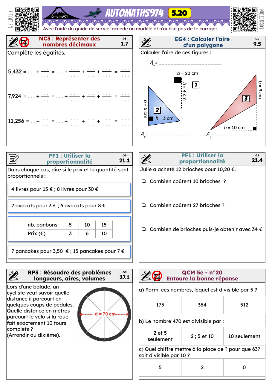 Fiche 5.20 – exercices de maths 5ème corrigés, semaine 20 : Représenter des nombres décimaux, Calculer l'aire d'un polygone