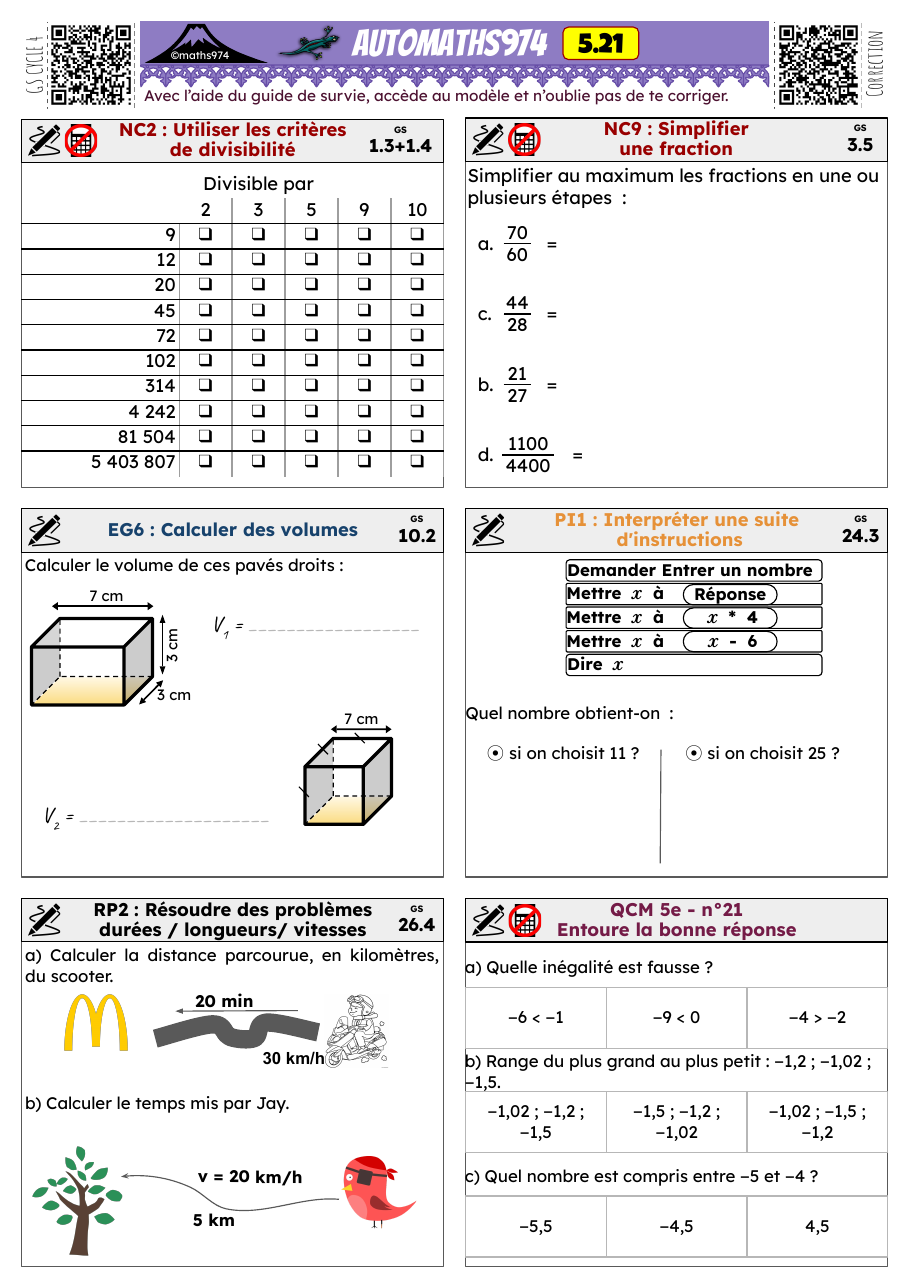 Fiche 5.21 – exercices de maths 5ème corrigés, semaine 21 : Utiliser les critères de divisibilité, Calculer des volumes