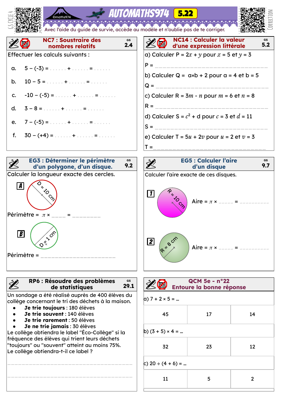 Fiche 5.22 – exercices de maths 5ème corrigés, semaine 22 : Soustraire des nombres relatifs