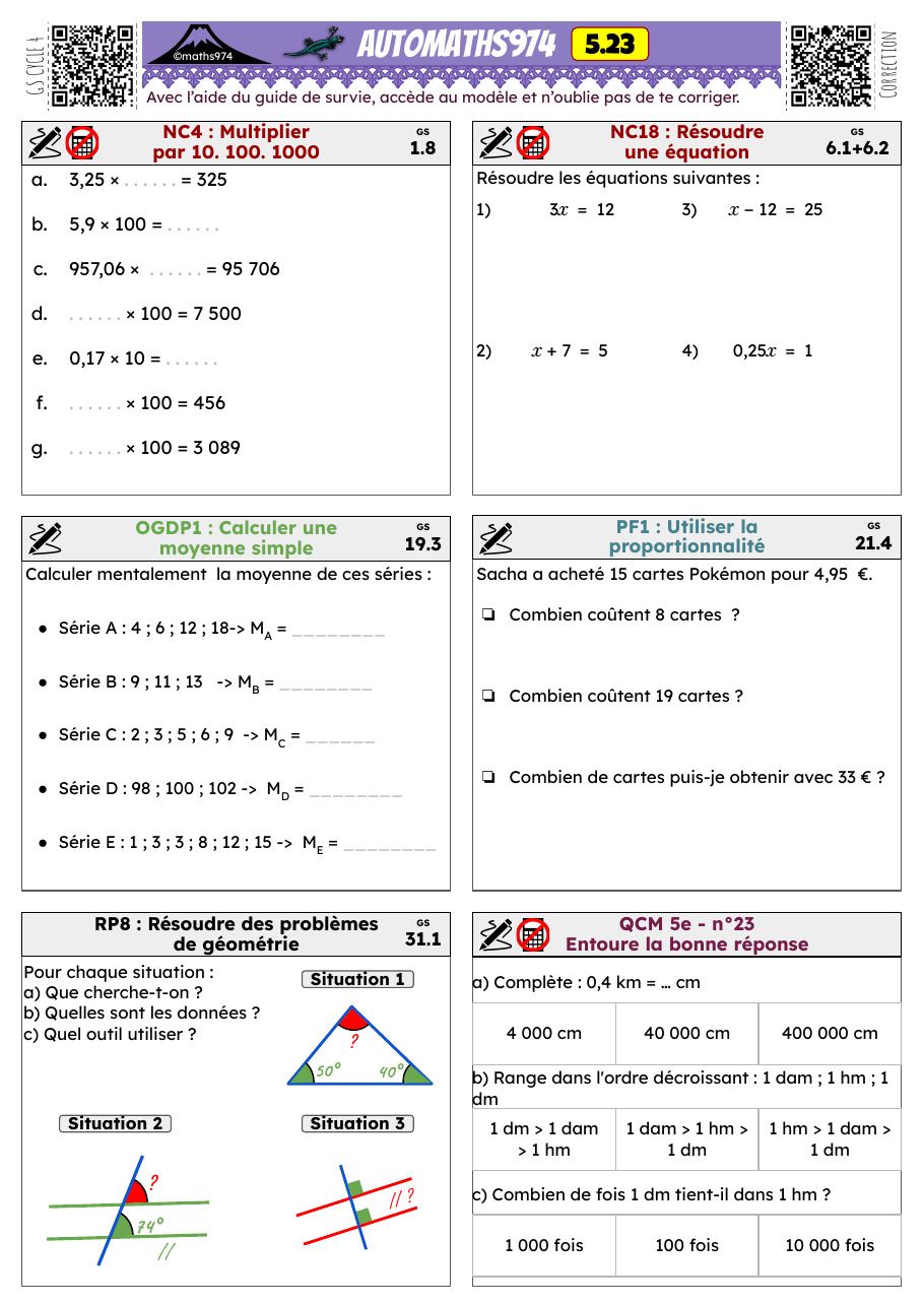 Fiche 5.23 – exercices de maths 5ème corrigés, semaine 23 : Multiplier par 10. 100. 1000, Résoudre une équation