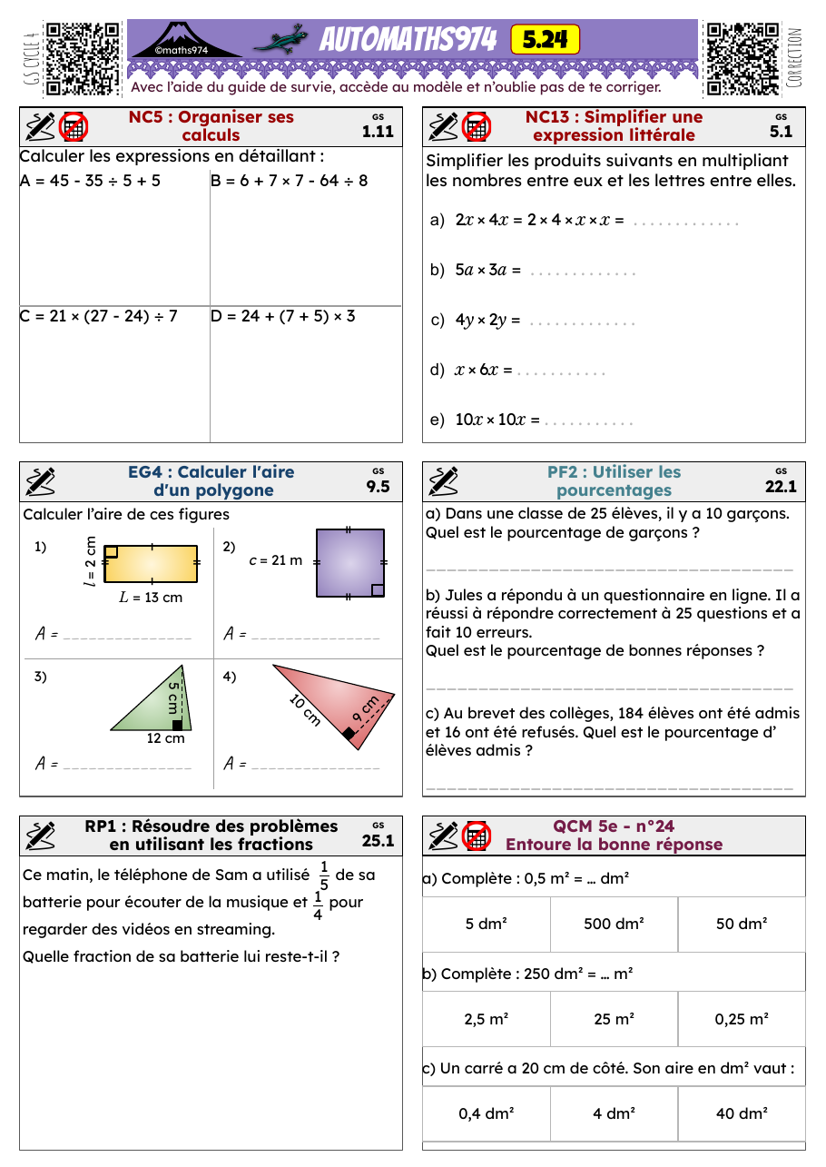 Fiche 5.24 – exercices de maths 5ème corrigés, semaine 24 : Organiser ses calculs, Simplifier une expression littérale