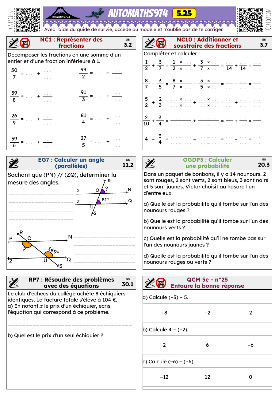 Fiche 5.25 – exercices de maths 5ème corrigés, semaine 25 : Représenter des fractions