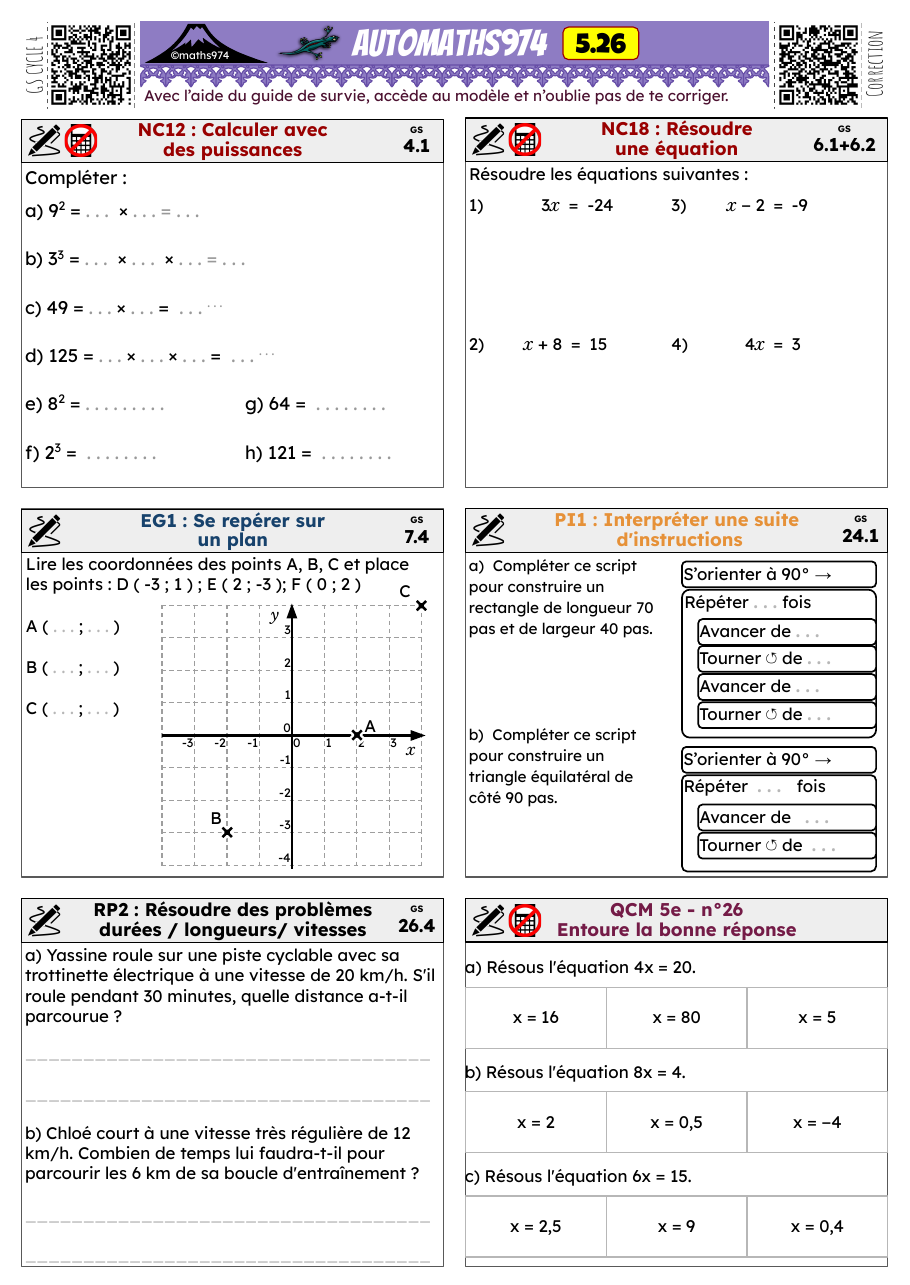 Fiche 5.26 – exercices de maths 5ème corrigés, semaine 26 : Calculer avec des puissances, Résoudre une équation