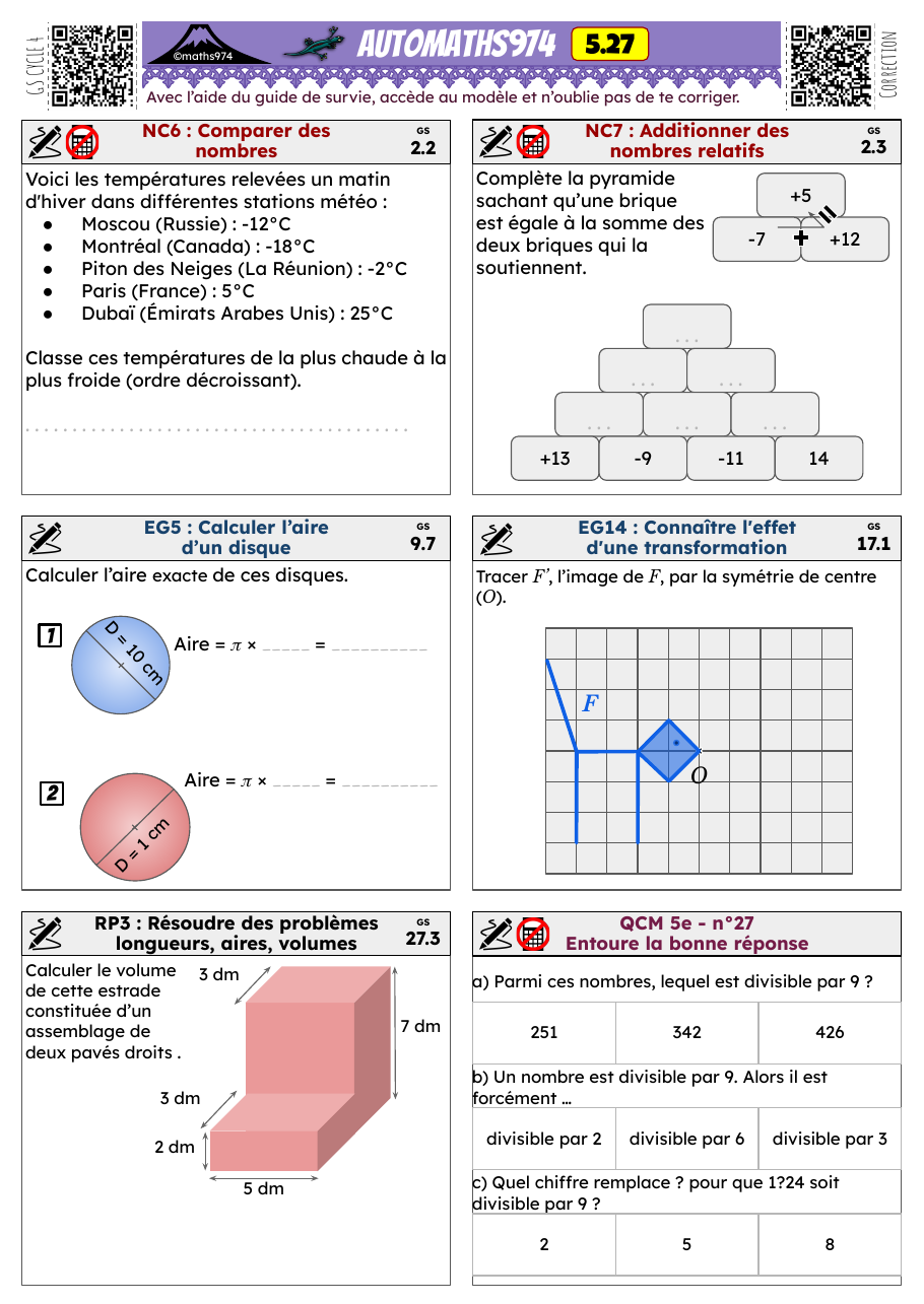 Fiche 5.27 – exercices de maths 5ème corrigés, semaine 27 : Comparer des nombres, Additionner des nombres relatifs