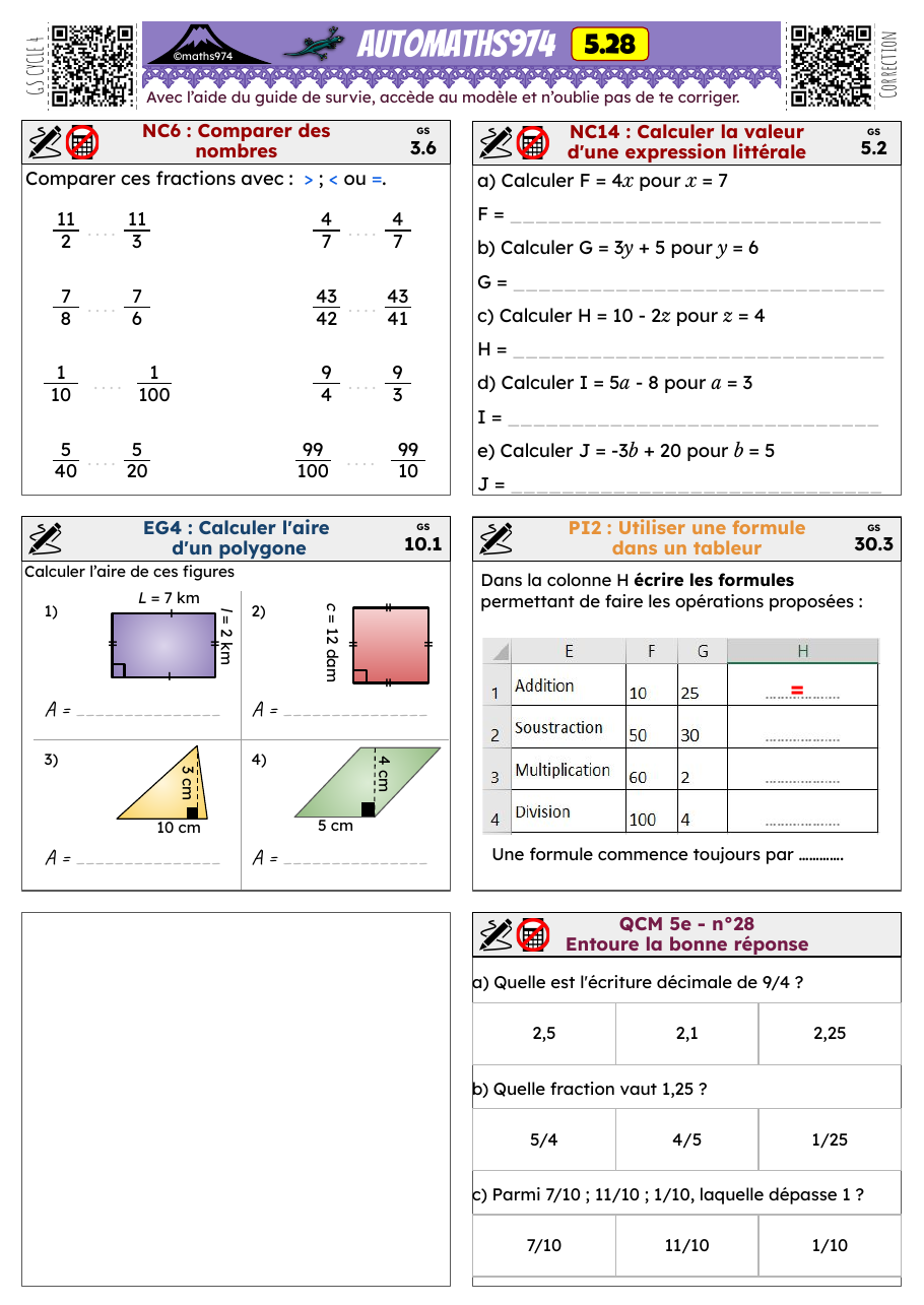 Fiche 5.28 – exercices de maths 5ème corrigés, semaine 28 : Comparer des nombres