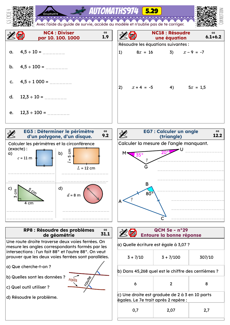 Fiche 5.29 – exercices de maths 5ème corrigés, semaine 29 : Diviser par 10. 100. 1000, Résoudre une équation
