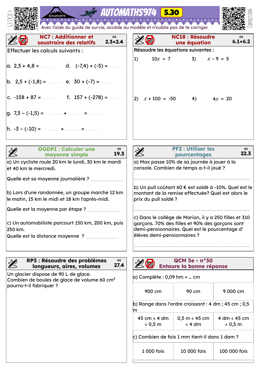 Fiche 5.30 – exercices de maths 5ème corrigés, semaine 30 : Additionner et soustraire des relatifs, Résoudre une équation