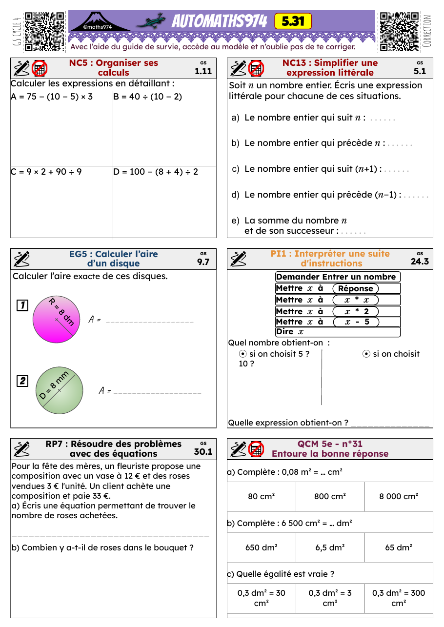 Fiche 5.31 – exercices de maths 5ème corrigés, semaine 31 : Organiser ses calculs, Simplifier une expression littérale