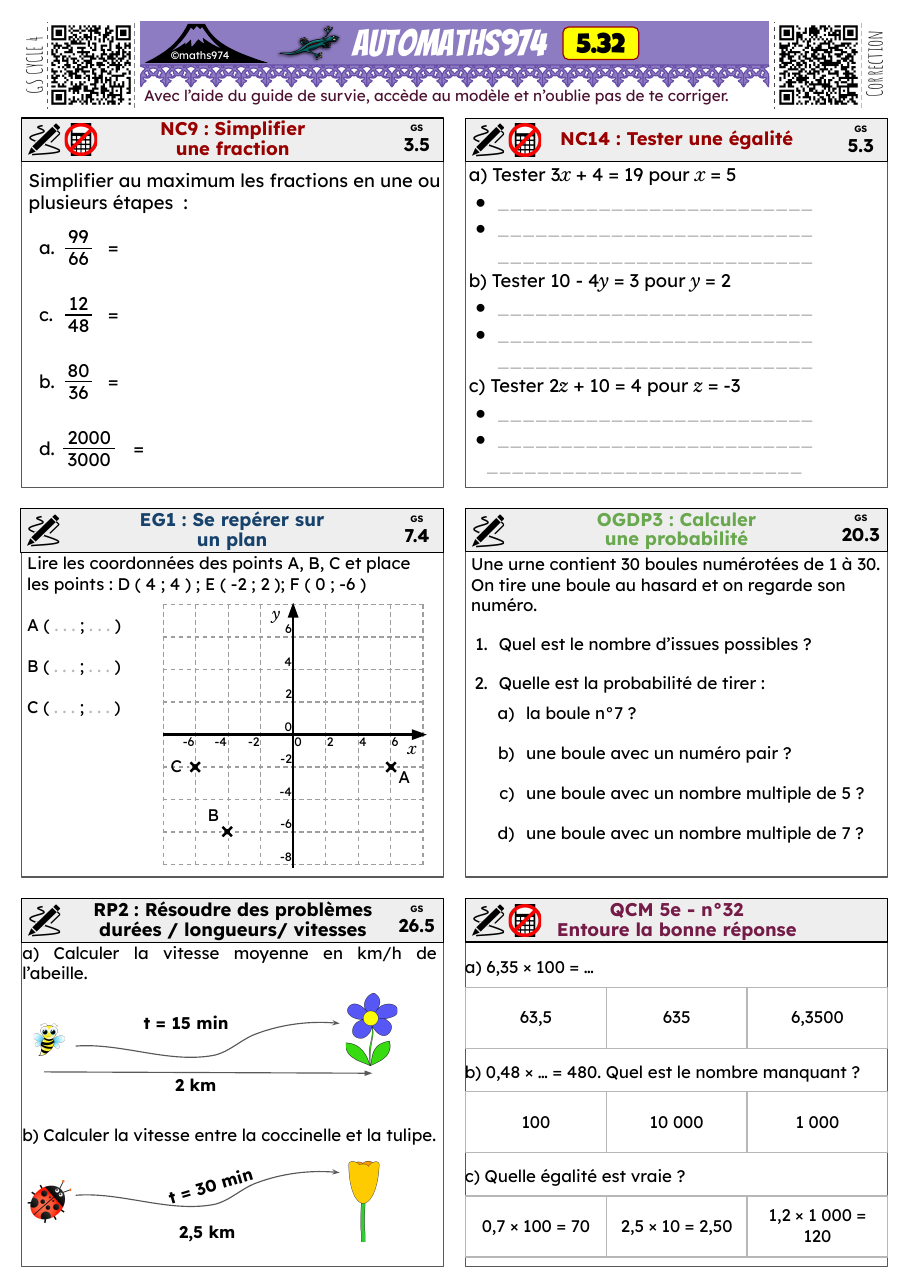 Fiche 5.32 – exercices de maths 5ème corrigés, semaine 32 : Simplifier une fraction, Se repérer sur un plan