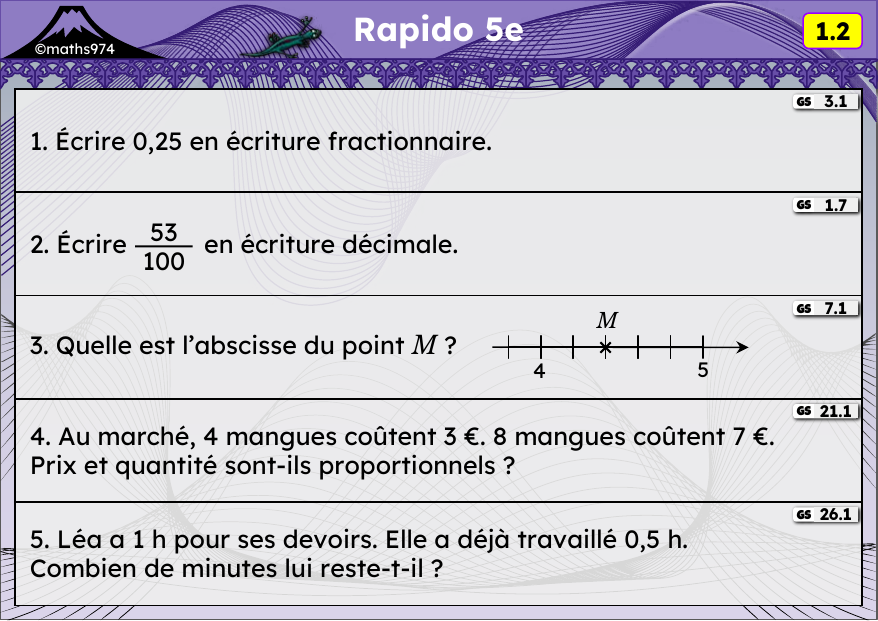 Rapido 1.2 – exercices de maths 5ème, semaine 1 : Écritures décimale et fractionnaire, droite graduée, proportionnalité