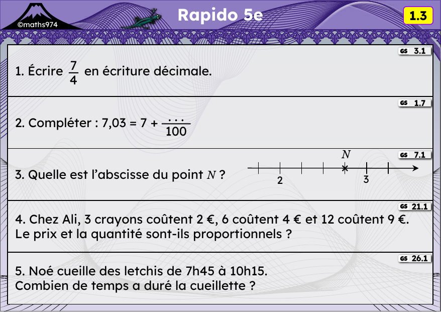 Rapido 1.3 – exercices de maths 5ème, semaine 1 : Écritures décimale et fractionnaire, droite graduée, proportionnalité
