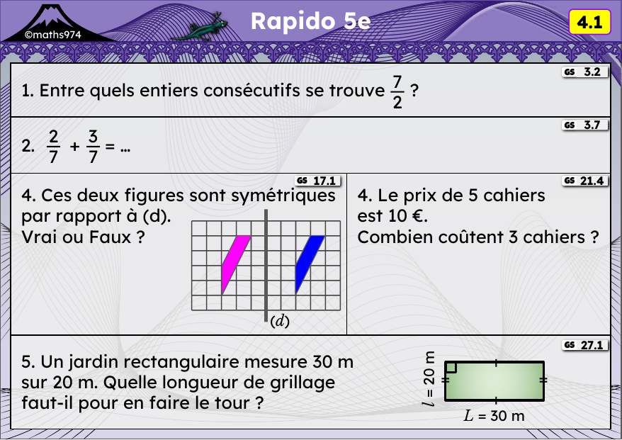Rapido 4.1 – exercices de maths 5ème, semaine 4 : Fractions et entiers, symétrie axiale, proportionnalité, périmètres