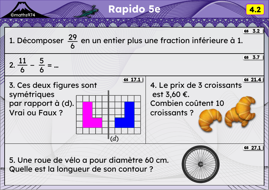 Rapido 4.2 – exercices de maths 5ème, semaine 4 : Fractions et entiers, symétrie axiale, proportionnalité, périmètres
