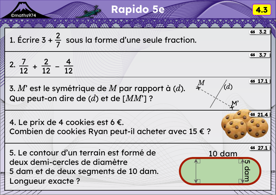 Rapido 4.3 – exercices de maths 5ème, semaine 4 : Fractions et entiers, symétrie axiale, proportionnalité, périmètres