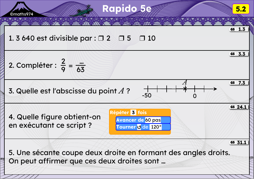 Rapido 5.2 – exercices de maths 5ème, semaine 5 : Divisibilité, fractions égales, scripts Scratch, angles