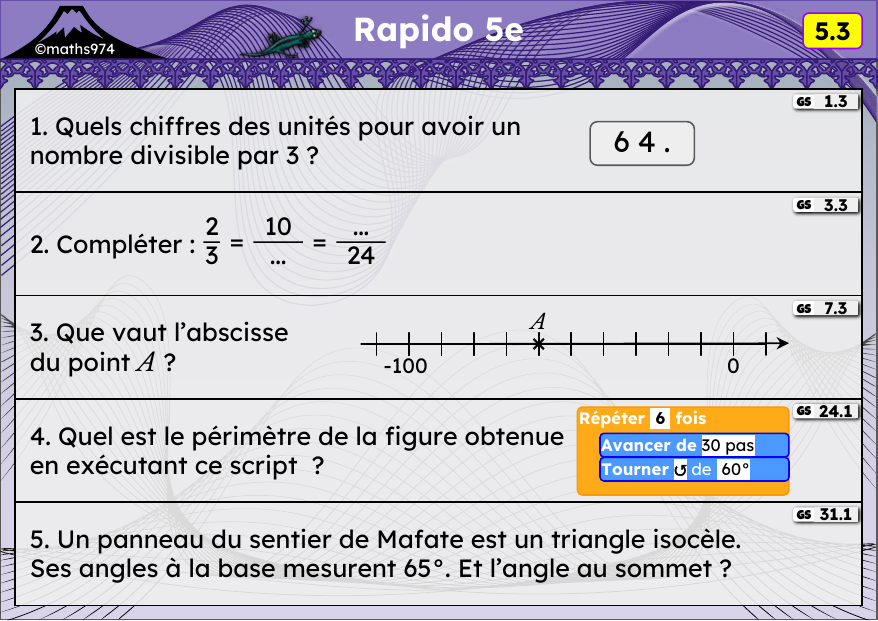 Rapido 5.3 – exercices de maths 5ème, semaine 5 : Divisibilité, fractions égales, scripts Scratch, angles