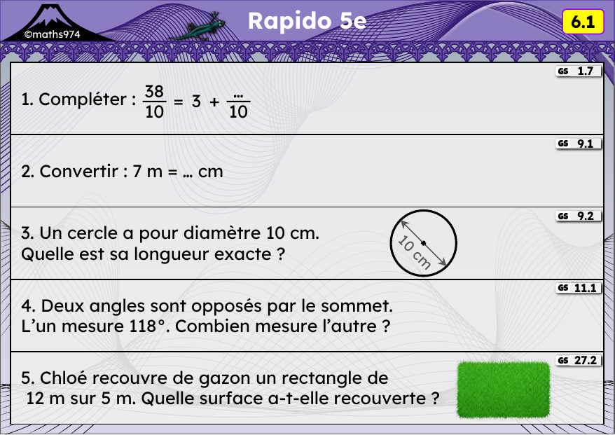 Rapido 6.1 – exercices de maths 5ème, semaine 6 : Fraction décimale, conversions, longueur d'un cercle, angles