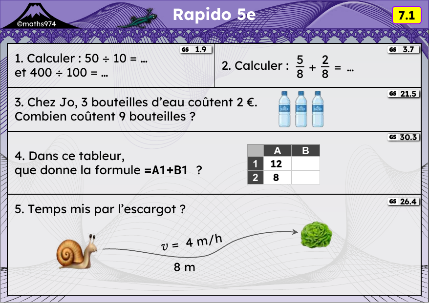 Rapido 7.1 – exercices de maths 5ème, semaine 7 : Diviser par 10, 100 ; fractions ; proportionnalité ; tableur ; vitesse
