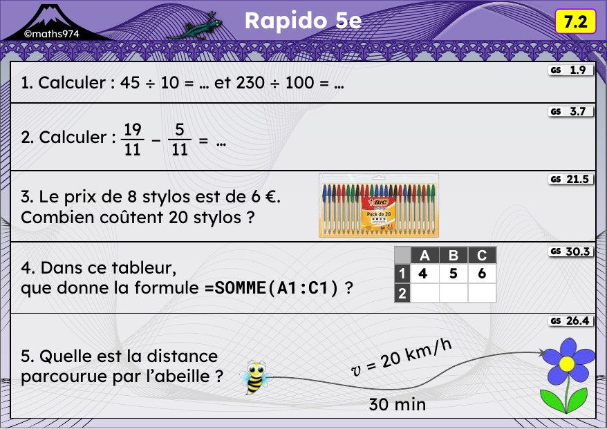 Rapido 7.2 – exercices de maths 5ème, semaine 7 : Diviser par 10, 100 ; fractions ; proportionnalité ; tableur ; vitesse