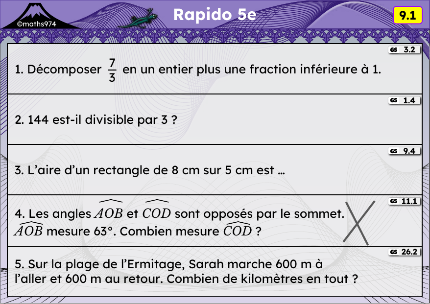 Rapido 9.1 – exercices de maths 5ème, semaine 9 : Fractions, divisibilité par 3 et 9, aires, angles