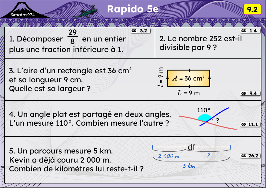 Rapido 9.2 – exercices de maths 5ème, semaine 9 : Fractions, divisibilité par 3 et 9, aires, angles