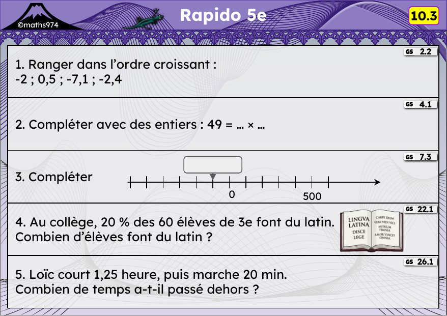 Rapido 10.3 – exercices de maths 5ème, semaine 10 : Nombres relatifs, carrés et puissances, pourcentages, durées