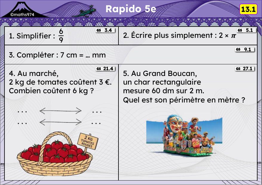 Rapido 13.1 – exercices de maths 5ème, semaine 13 : Simplifier, expressions littérales, conversions, proportionnalité, cercle
