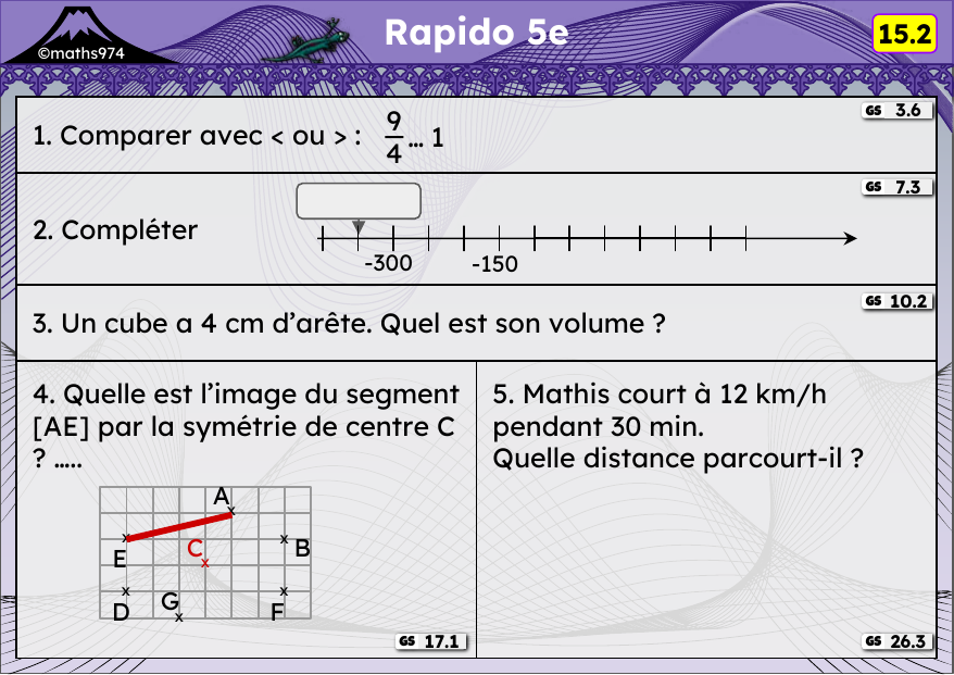 Rapido 15.2 – exercices de maths 5ème, semaine 15 : Comparer des fractions, droite graduée, volumes, symétrie centrale