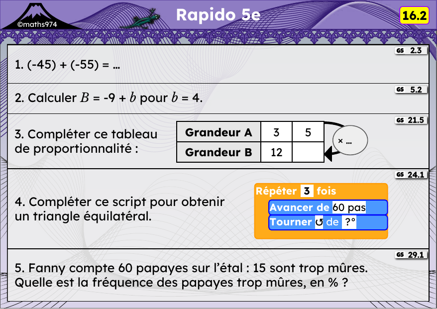 Rapido 16.2 – exercices de maths 5ème, semaine 16 : Addition de relatifs, calcul littéral, proportionnalité, scripts