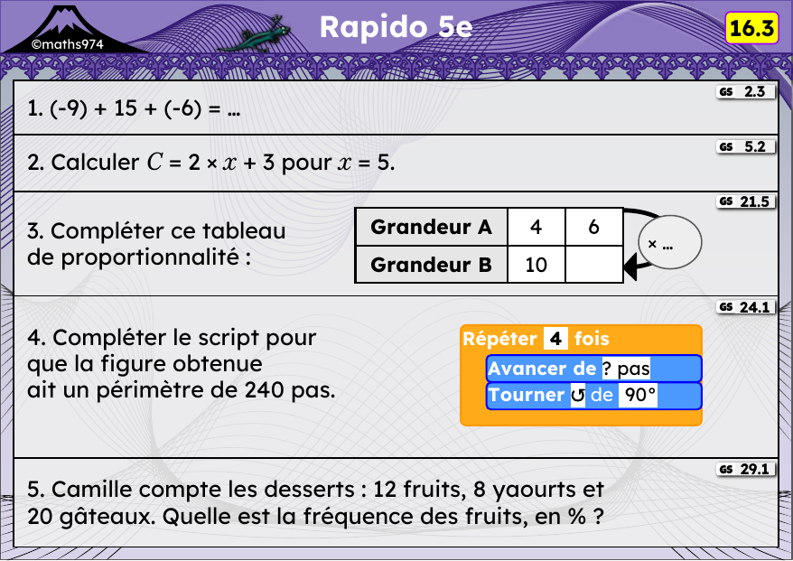 Rapido 16.3 – exercices de maths 5ème, semaine 16 : Addition de relatifs, calcul littéral, proportionnalité, scripts