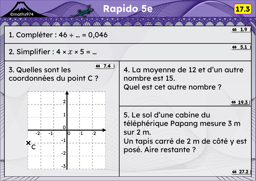 Rapido 17.3 – exercices de maths 5ème, semaine 17 : Diviser par 10, 100 ; produits littéraux ; coordonnées ; moyenne