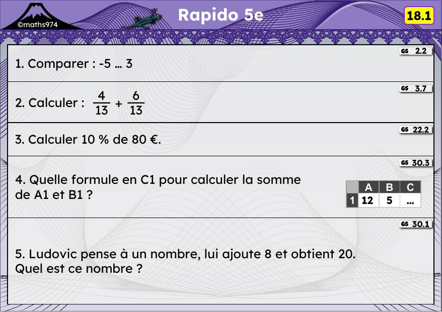 Rapido 18.1 – exercices de maths 5ème, semaine 18 : Relatifs, fractions, pourcentages, tableur, problème