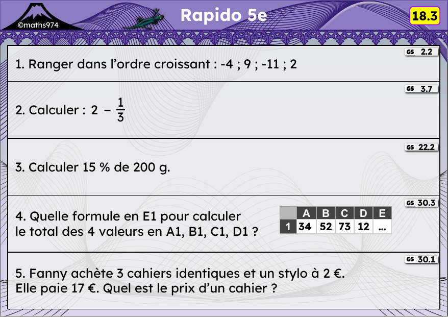 Rapido 18.3 – exercices de maths 5ème, semaine 18 : Relatifs, fractions, pourcentages, tableur, problème