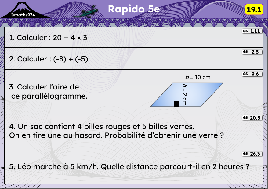 Rapido 19.1 – exercices de maths 5ème, semaine 19 : Priorités, addition et soustraction de relatifs, parallélogramme