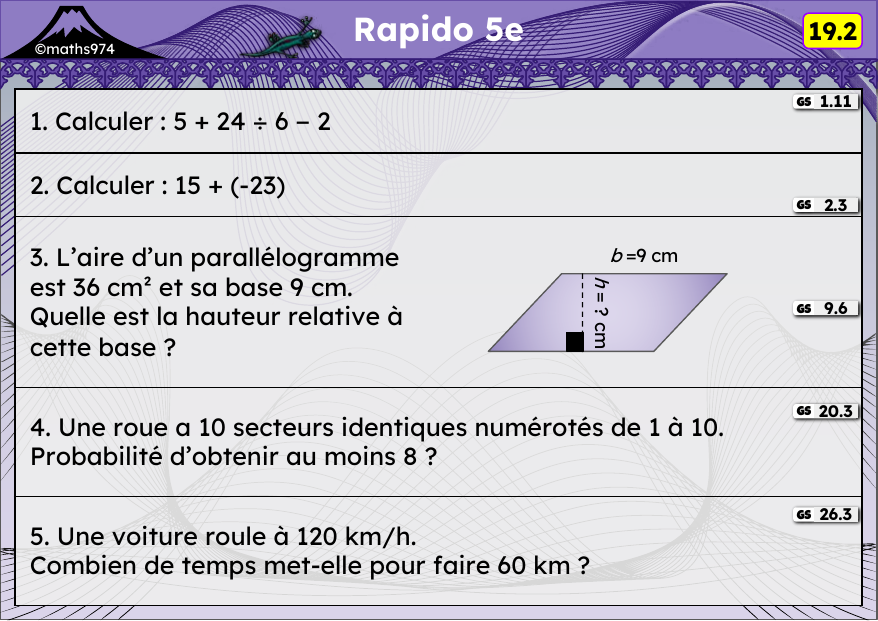 Rapido 19.2 – exercices de maths 5ème, semaine 19 : Priorités, addition et soustraction de relatifs, parallélogramme