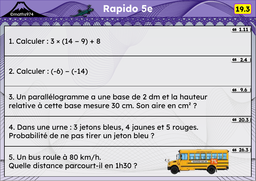 Rapido 19.3 – exercices de maths 5ème, semaine 19 : Priorités, addition et soustraction de relatifs, parallélogramme