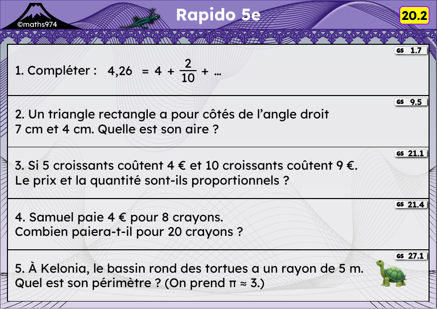 Rapido 20.2 – exercices de maths 5ème, semaine 20 : Fractions décimales, aire du triangle, proportionnalité