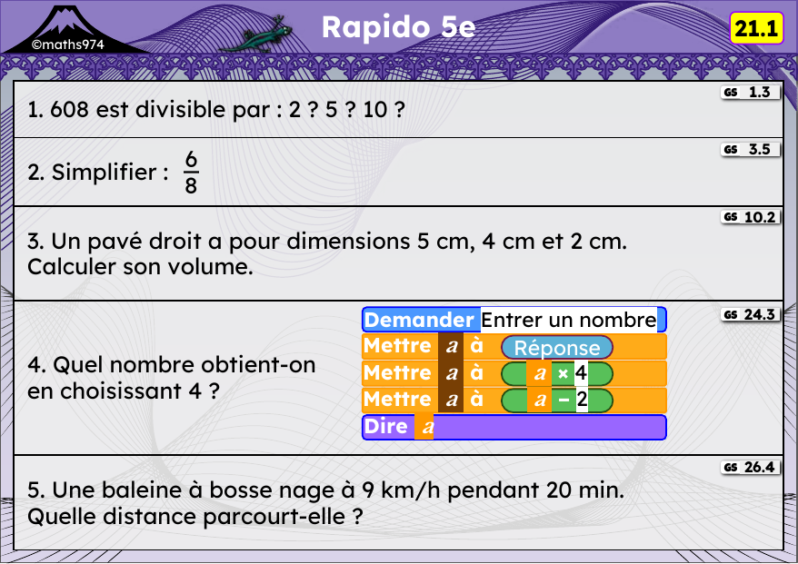 Rapido 21.1 – exercices de maths 5ème, semaine 21 : Divisibilité, simplification, volumes, programmes de calcul