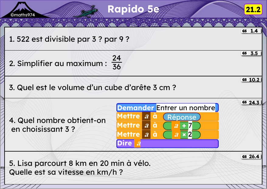 Rapido 21.2 – exercices de maths 5ème, semaine 21 : Divisibilité, simplification, volumes, programmes de calcul