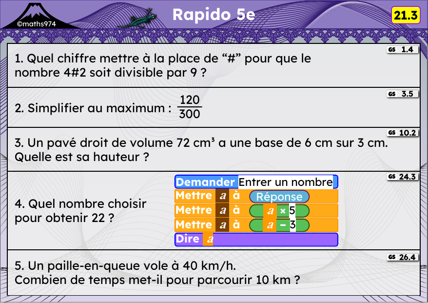 Rapido 21.3 – exercices de maths 5ème, semaine 21 : Divisibilité, simplification, volumes, programmes de calcul