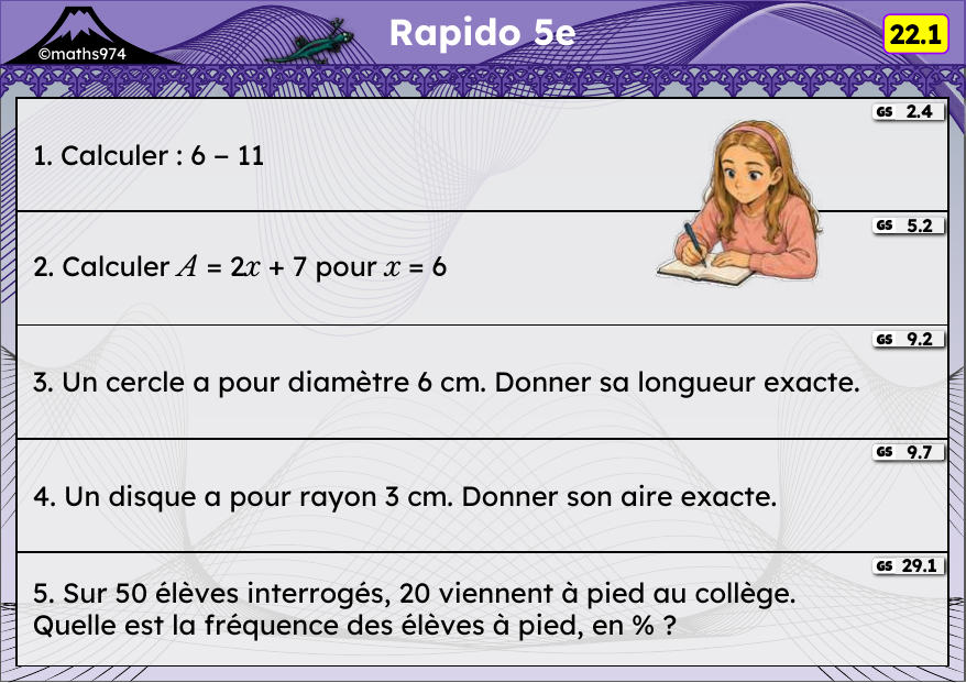 Rapido 22.1 – exercices de maths 5ème, semaine 22 : Soustraction de relatifs, calcul littéral, cercle et disque