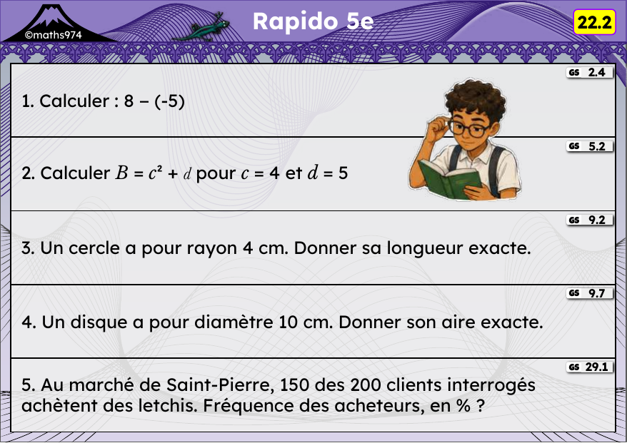 Rapido 22.2 – exercices de maths 5ème, semaine 22 : Soustraction de relatifs, calcul littéral, cercle et disque