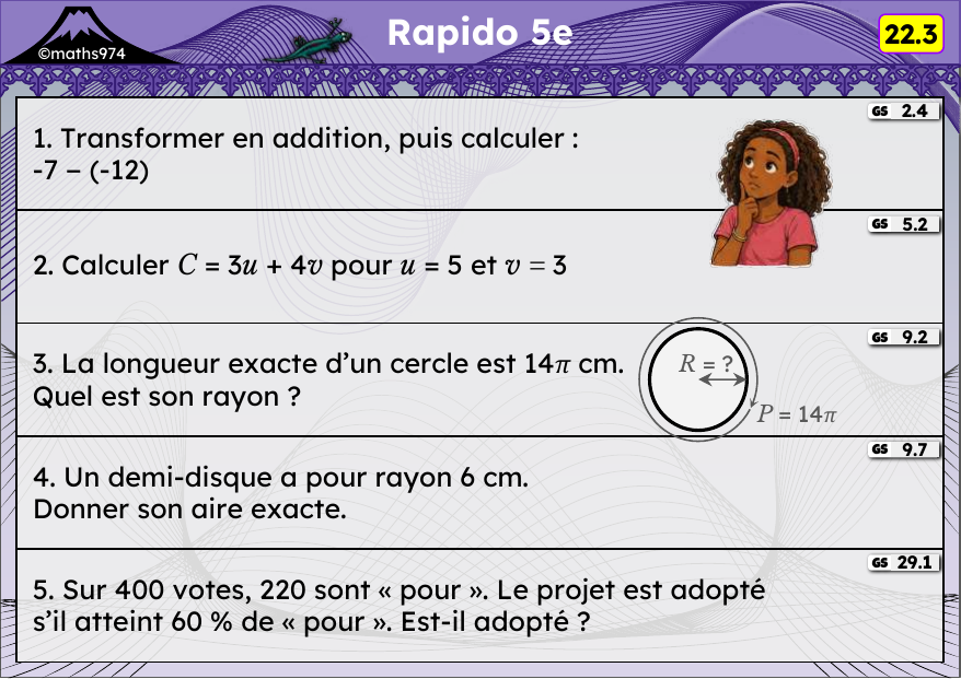 Rapido 22.3 – exercices de maths 5ème, semaine 22 : Soustraction de relatifs, calcul littéral, cercle et disque