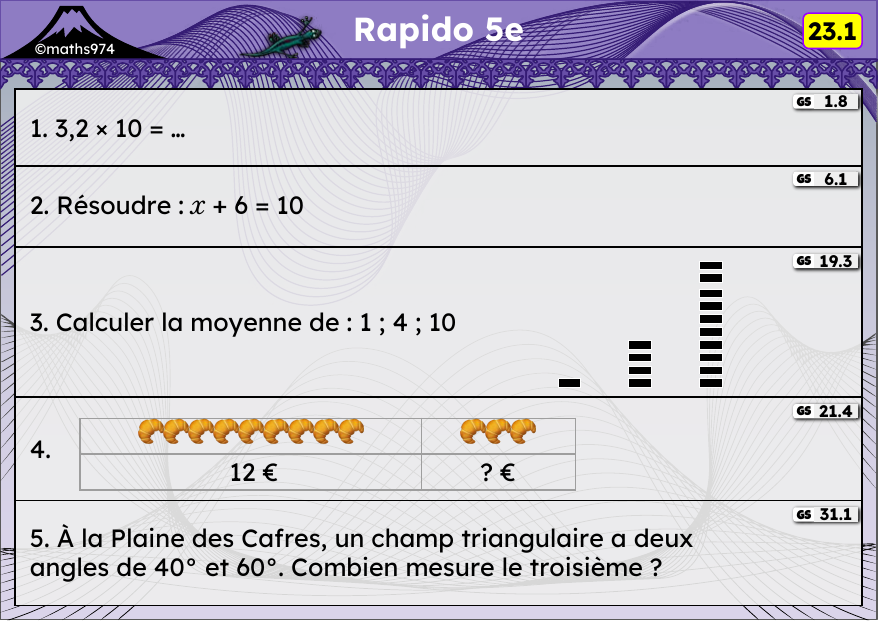 Rapido 23.1 – exercices de maths 5ème, semaine 23 : ×10, ×1000 ; équations ; moyenne ; proportionnalité ; angles