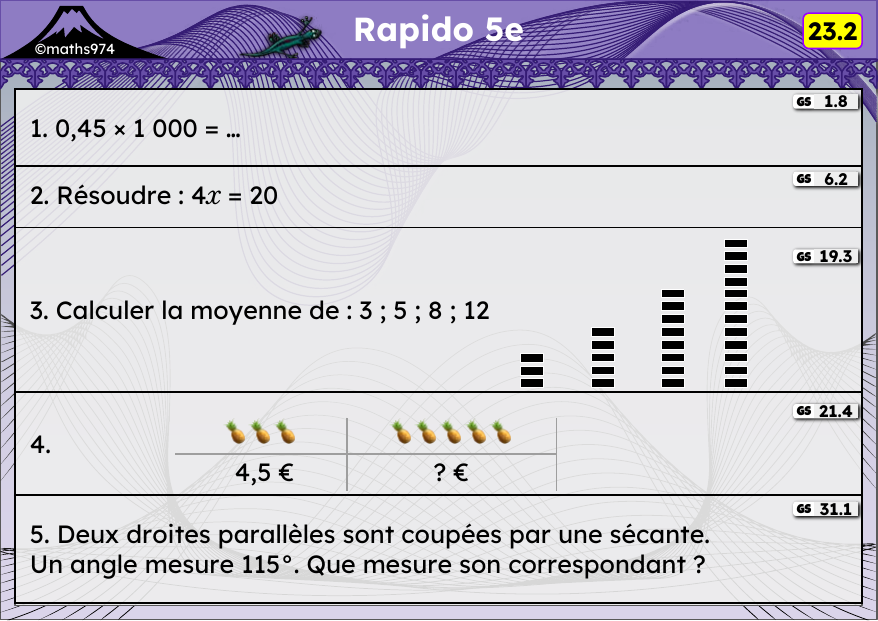Rapido 23.2 – exercices de maths 5ème, semaine 23 : ×10, ×1000 ; équations ; moyenne ; proportionnalité ; angles