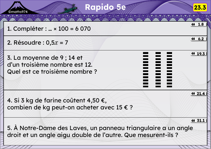 Rapido 23.3 – exercices de maths 5ème, semaine 23 : ×10, ×1000 ; équations ; moyenne ; proportionnalité ; angles